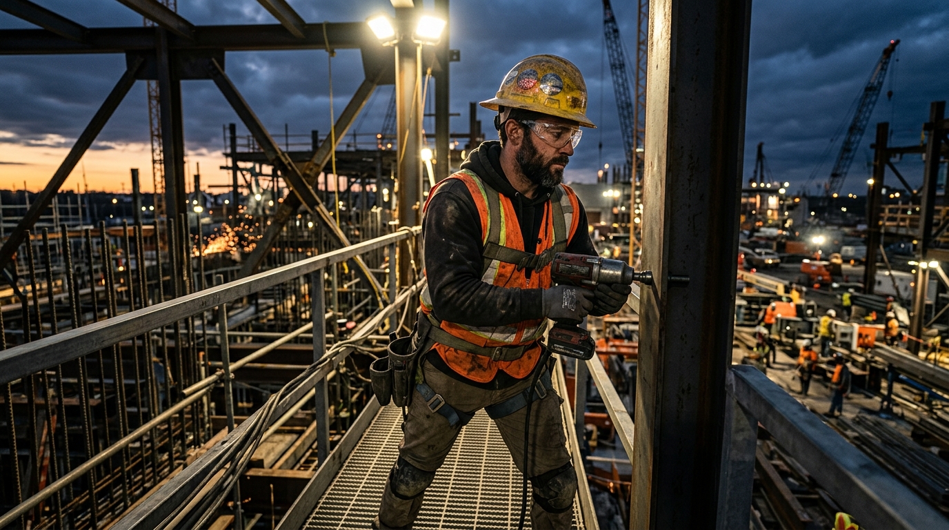 Trabalhador de construção civil com equipamento de proteção individual